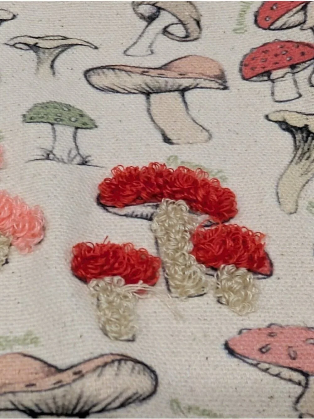 Canvas  Cosmetic Makeup Bag Vintage Botanical Mushroom Print Embroidered Detail